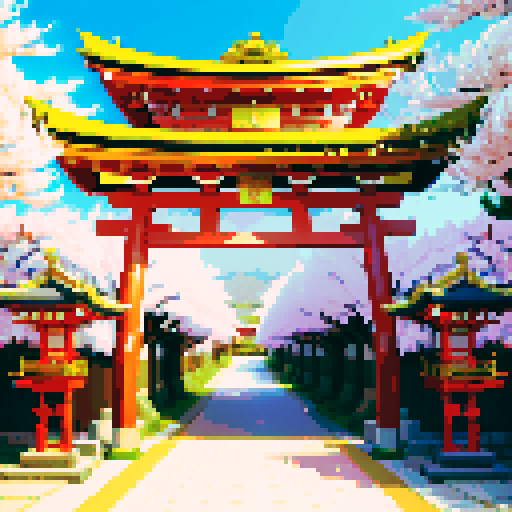 shiny silver shinto shrine, vibrant cherry blossom trees, traditional architecture with intricate details, shinto torii gate adorned with shiny silver decorations, a pixel art shiny silver box positioned behind the gate, shiny silver lanterns illuminating the scene in sRGB colors