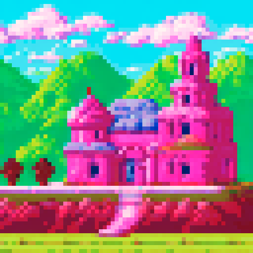 cupcake with pink strawberry icing, pixel art style, set against a sRGB background in a scenic landscape