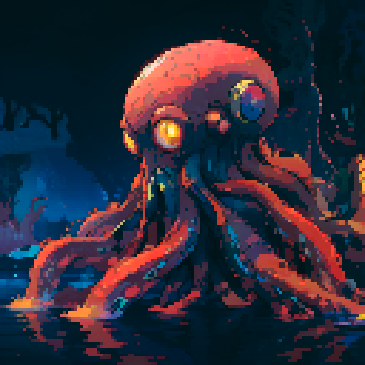 Squid, vibrant colors, underwater landscape, delicate tentacles, swirling patterns, pixelated details, sRGB, captivating art style