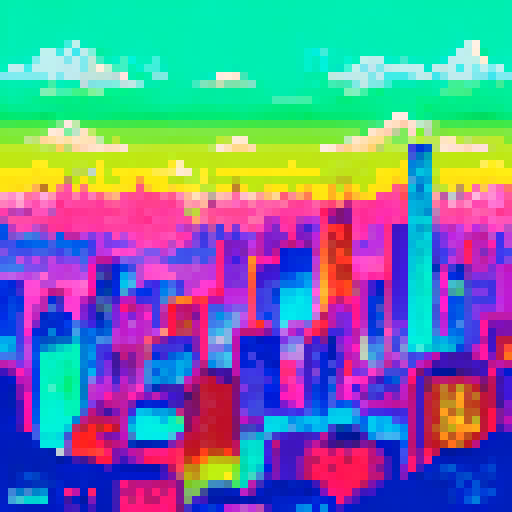 Roaming through a neon-lit cityscape, a vividly-hued dinaurus with rainbow-spiked scales surveys the bustling metropolis from atop a towering skyscraper