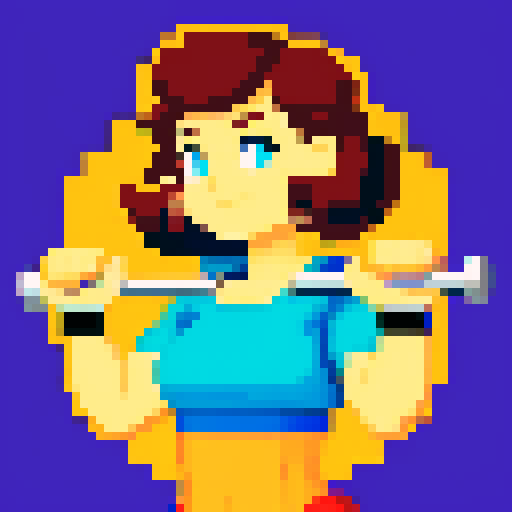 vibrant, energetic woman, determined weightlifting, retro-inspired pixel art background, vivid sRGB color palette
