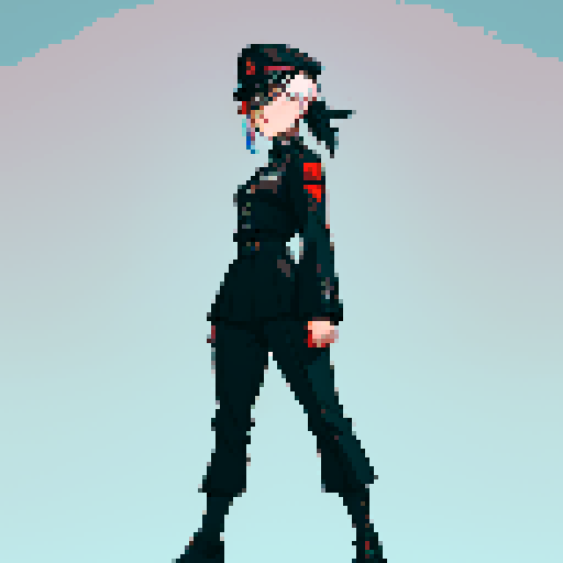 Full-body image, Female nazi general with stern expression, wearing a black uniform adorned with a skull, black hat with a skull, broad shoulders, muscular, standing in a pixel art depiction with sharp lines and vibrant sRGB colors
