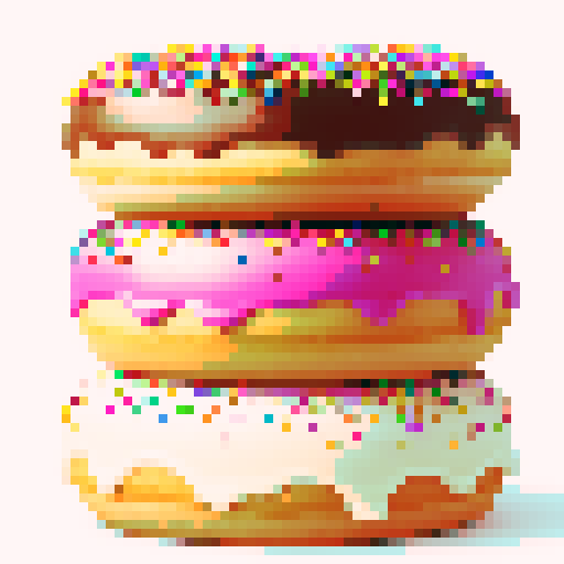 three big doughnuts in center of a frame, with vibrant colored icing dripping down, sprinkles on top, white background