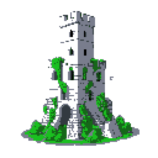 2d grey stone tower in an ancient english style. Old and crumbling but still upright. Green vines crisscross it. Usable as an asset (clear, thick lines and a white background). Put a black stroke around the composition