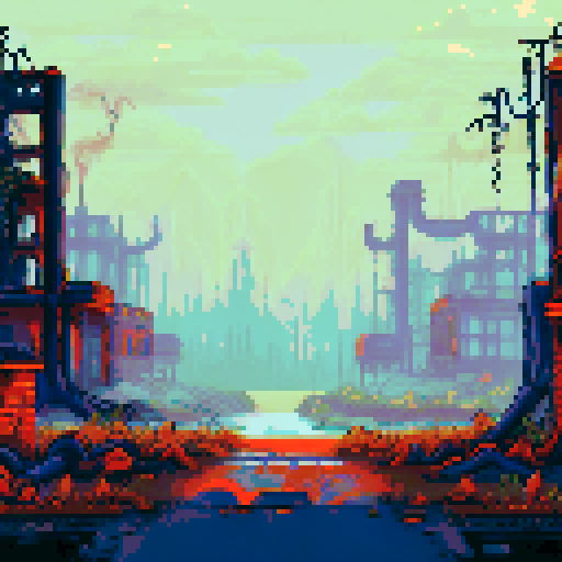 post-apocalyptic factory building, hidden in the woods, abandoned machinery, rusted pipes, overgrown vines, decaying buildings, shattered windows, eerie silence, nature reclaiming, vibrant pixelated colors, sRGB palette, atmospheric landscape
