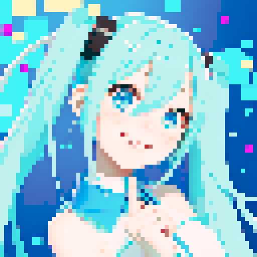 Hatsune Miku, square pfp, 64x64, smiling, pixel art, sRGB, vibrant hair, sparkling eyes, cute outfit, dynamic pose, glowing microphone