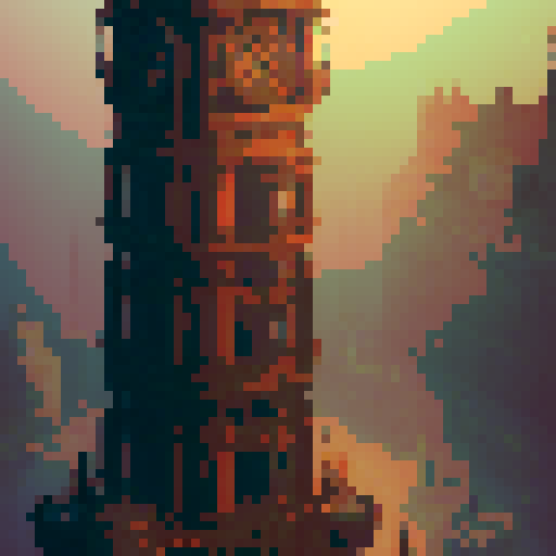 steam clock tower, tall and majestic, intricate gears and cogs, billowing steam, vibrant colors, nostalgic charm, pixel art