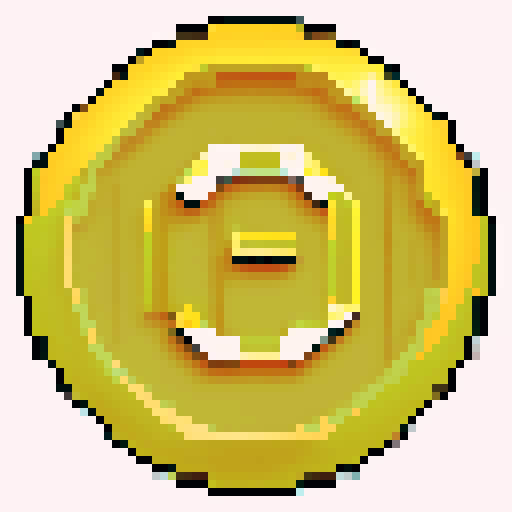 Golden coin, shimmering, glimmering, reflecting light, intricate details, pixelated, vibrant colors, retro aesthetic, 8-bit, low resolution, square pixels, metallic texture, shiny surface, sparkling, gleaming, radiant, nostalgic, classic video game vibes, limited color palette, crisp edges, nostalgic charm, digital artwork, vintage feel, iconic symbol