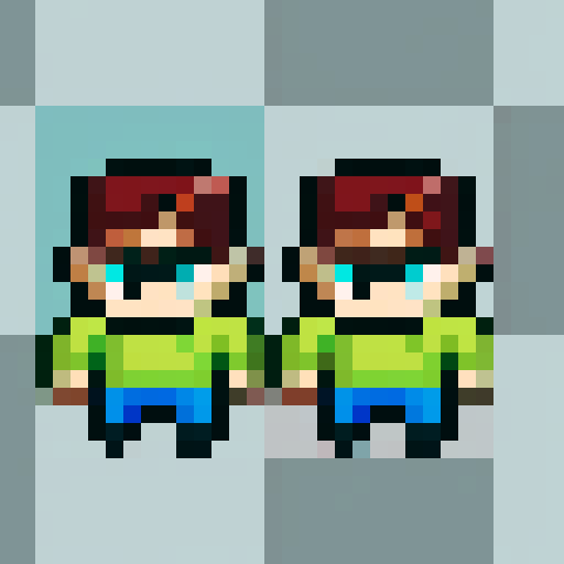 maroon-haired boy, green hoodie, white tee-shirt, blue pants, dark shoes, pixel art, sRGB, 32x32