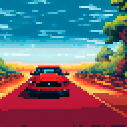 A pixel image of a photorealistic ford mustang car. The car is located in the center of the image and occupies most of the space, we see the front of the car. The car is on the road in the forest