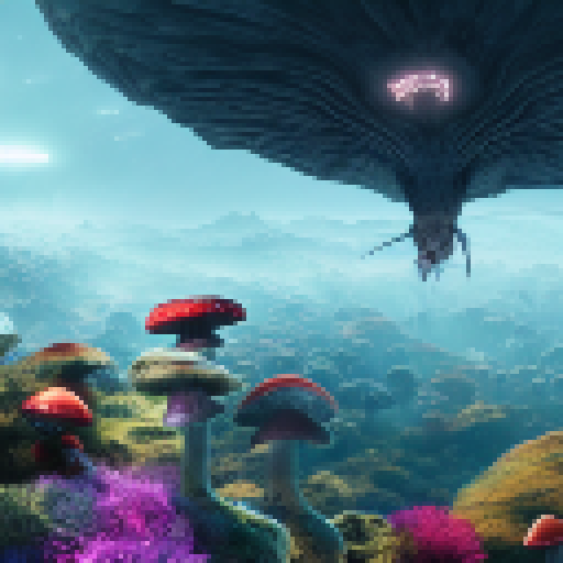 Interdimensional rare bird creature perched atop a mushroom in a surreal wonderland landscape, surrounded by holographic alien planets and the matrix, all while contemplating the concept of time and space within a hyper-detailed, 8K cinematic scene with a blurred foreground.