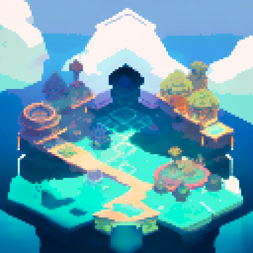 technological ziggurat, shimmering in neon hues, surrounded by frozen waters reflecting the pixel art skyline