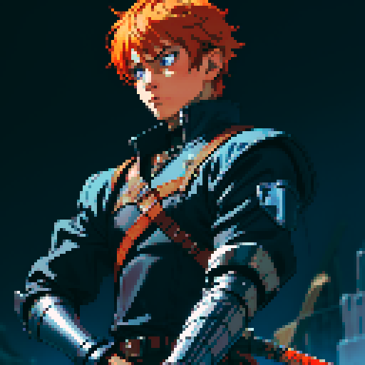 a male character with orange hair, blue eyes , job class warrior, wearing leather armer and holding sword , idlestate, facing front