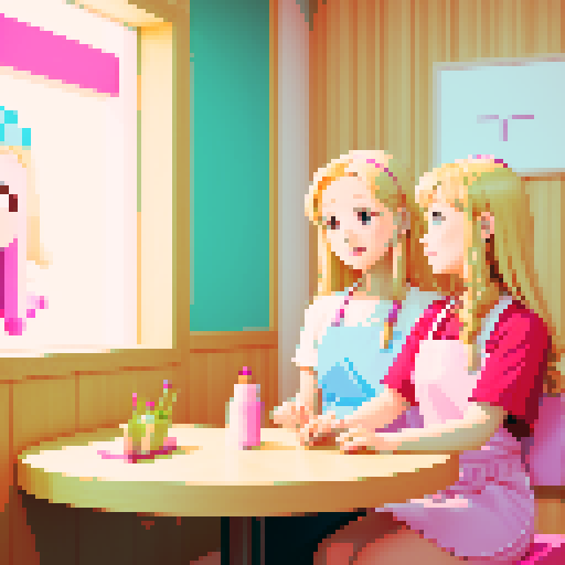 A girl with long blonde hair wearing a pink apron and a friend with short brown hair sitting in front of each other at a table in a nail salon. 