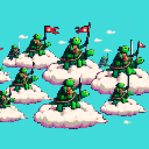 Gather the army of pixelated turtles on clouds.