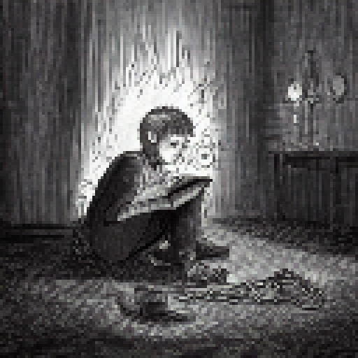 Mature boy, with silver hair and piercing green eyes, sits cross-legged on the ground, engrossed in a leather-bound book that glows with ancient runes, surrounded by flickering torches, in a dark and mysterious dungeon.