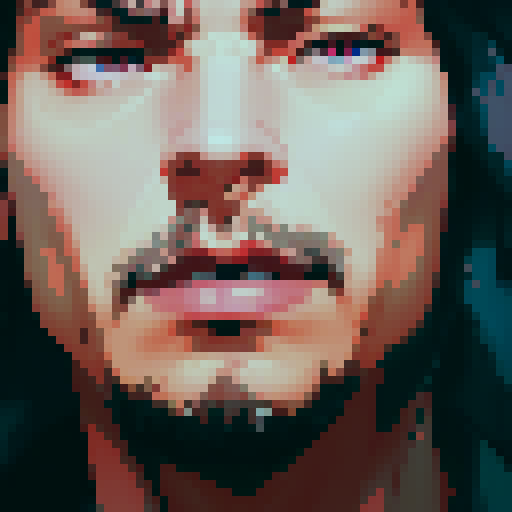 carlos cool guy, no moustache, chin hair, tired, dark eyes, sRGB, pixel art
