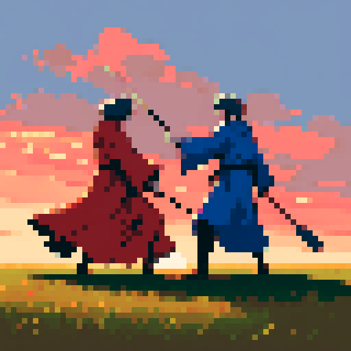 Two individuals are engaged in a playful duel in a rustic, open field at sunset. They are energetically brandishing brooms instead of traditional swords. One person, wearing a flowing blue robe, has a focused, competitive expression. The other, in a vibrant red cloak, exhibits a joyful grin. The setting sun casts dramatic, elongated shadows on the grass, enhancing the scene with a warm, golden light