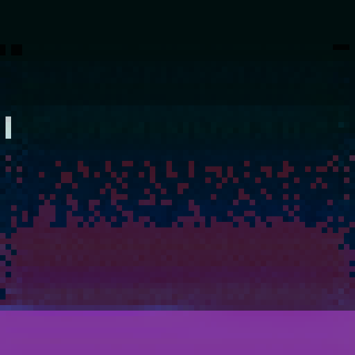 Top of weathered skyscraper, extending down 20 floors with jutting items, cracked and textured brick, muted purple color scheme Barred windows, 3 yellow-lit windows per floor sRGB, pixel art, background, portrait style, include full building