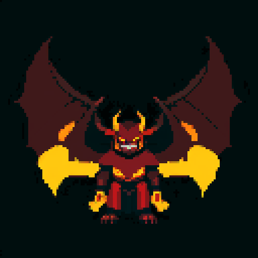 A towering demonic figure with massive horns, sharp claws, and large bat-like wings. Its dark red skin is covered in glowing runes and it has piercing yellow eyes. It exudes a powerful and sinister aura. No background.
