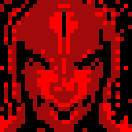 Psychosis, distorted facial features, vibrant colors, pixelated details, sRGB palette, close-up shot, skill art, intense gaze, game icon, 32x32 pixel art, close-up portrait