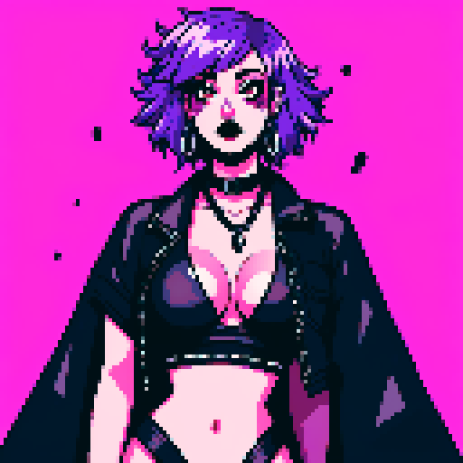 busty goth girl, with purple hair, black eyeshadow and red lipstick. wearing bikini and studded collar, seductive photo, vibrant srgb colors, edgy aesthetic