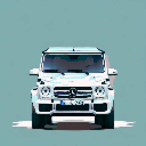 Photorealistic whole Mercedes-Benz G-class, three-quarter view, right front wheel, clean background, sRGB colors, pixel art style, background landscape