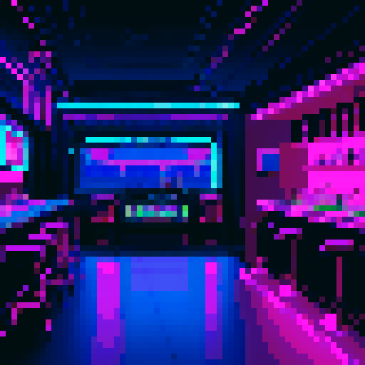 Create a pixel art illustration of a cyberpunk bar with a detailed bar counter. The scene should have a side-scroll perspective, capturing the bustling atmosphere typical of 2D games. Make sure to include neon lights, futuristic decor, and characters interacting within the bar. The image should have a trendy and stylish aesthetic, reflecting the vibrant and edgy nature of the cyberpunk genre.