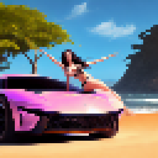 fantasy girl riding sport car on the beach