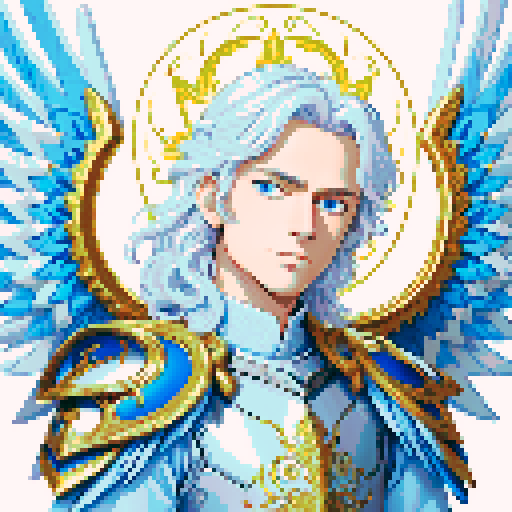 handsome angel with flowing golden hair, vibrant blue eyes, and feathery white wings, clad in intricately designed armor.