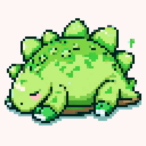 green stegosaurus, pixel art, game character, sleeping dinosaur, vibrant colors, retro-inspired, blocky design, low resolution, 8-bit graphics, square pixels, limited color palette, nostalgic vibes, peacefully snoozing