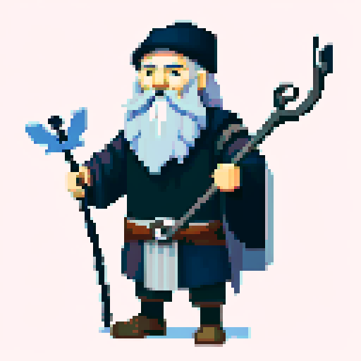 old raven-like druid with grey beard, with staff in hand