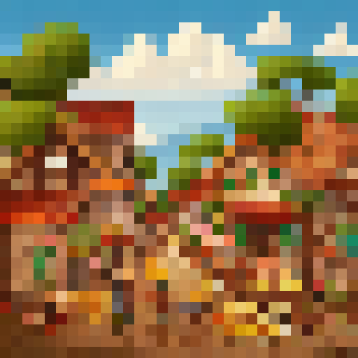 Rustic, earthy village tiles depict a bustling market with vibrant fruits, towering stacks of bread, and a lively crowd in a whimsical, hand-drawn style.