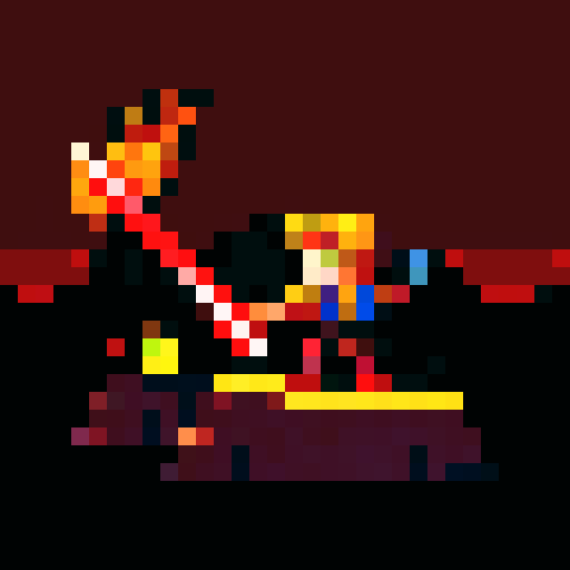 Jedi warrior holding a lightsaber, battling Sith Lord in a fiery lava-filled landscape, with vibrant colors and sharp pixelated details