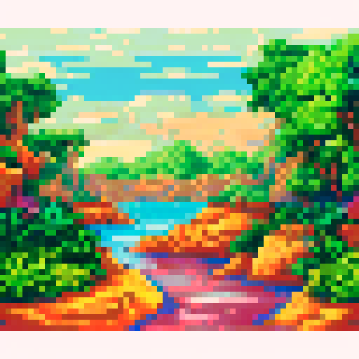 Pink dolphin swimming gracefully in a vibrant sRGB pixel art seascape, surrounded by a picturesque background of lush pixelated landscapes