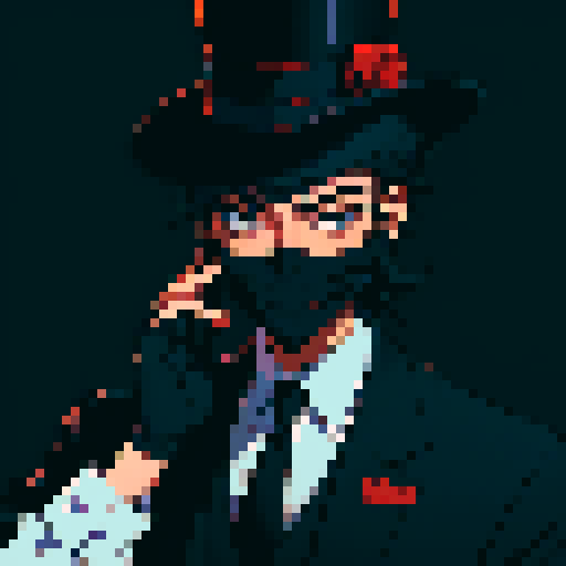 A Guy In A Black Formal Suit, With A Tie And Top Hat, And A Smile Mask Covering His Entire Face. Gold Details On The Suit. Anime Style. No face