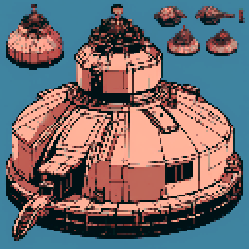 I want a copper structure reminiscent of the base of a gun turret, seen from a head on two dimensional perspective. The design should be relatively simple. I also want this object usable as an asset in a videogame, meaning only one object per image, outlined with a strong black stroke, on a solid-color background.