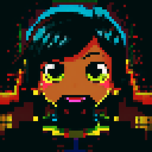 8-bit style portrait with vibrant, retro colors, showcasing a pixelated character in a dynamic pose against a black background, reminiscent of classic video games