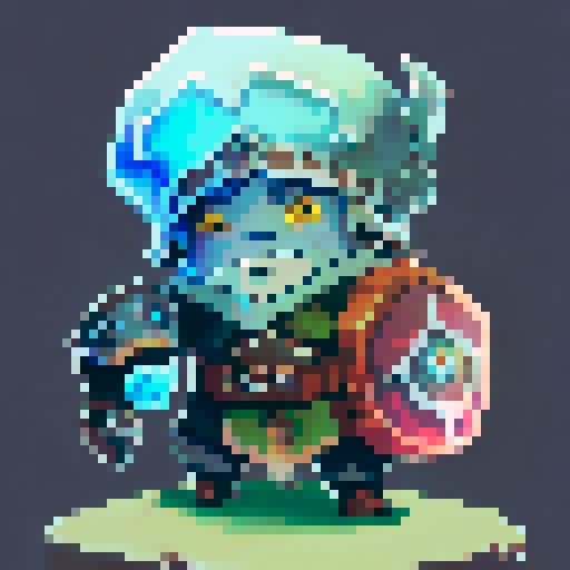 figure clad in elaborate, rune-etched armor, billowing cloak absorbing light, dark iridescent metal exuding contained power, horned baroque helm with intricate network of cables and conduits, backpack device pulsing with unknown energies, staff topped with glowing orb encased in lattice of arcane symbols, outstretched hand, pixel art, sRGB