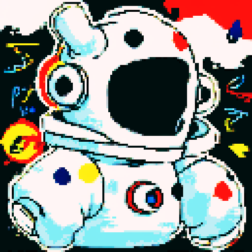 space traveler in vibrant pixel art white spacesuit, with a helmet showcasing a reflective visor, surrounded by swirling galaxies, twinkling stars, and celestial wonders, all rendered in space colorful palette.
