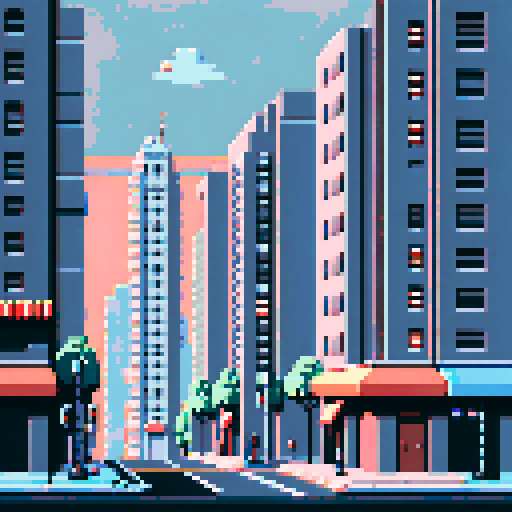 Cityscape, towering skyscrapers, bustling streets, retro video game vibes, blocky pixelated buildings, grey palette, 8-bit art style,ARNE32 palette, little details, top of a building perspective
