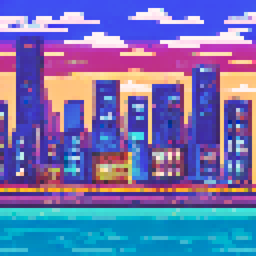 city view, by the water, by night