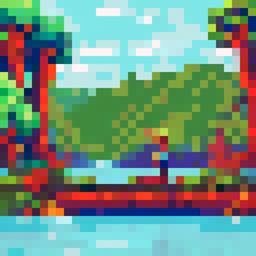 Fishing man on pixelated boat, surrounded by serene sRGB lake with mountainous background