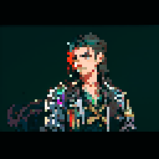 handsome man, long hair, vibrant colors, bold lines, pixelated details, sRGB color space, pixel art