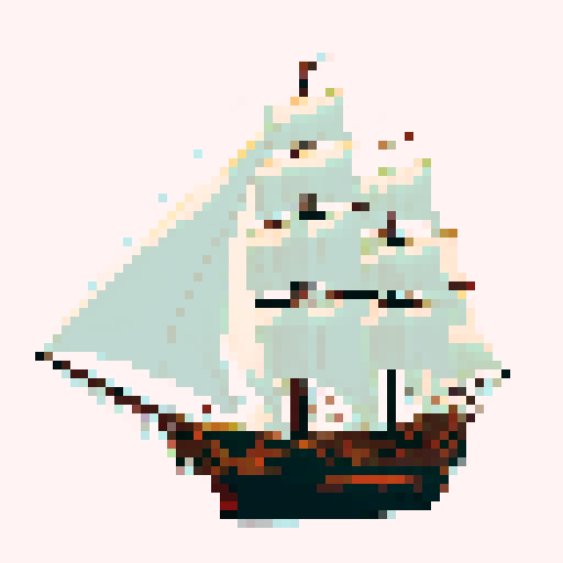Pirate ship, large cannons, two white square sails, facing North, 3/4 view, transparent background, sRGB, pixel art
