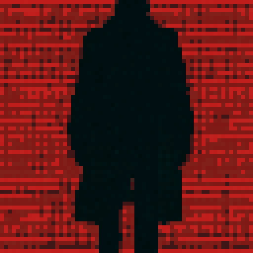 dark male figure, shadow, trenchcoat, red background, pixel art, 