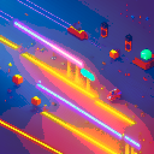 Speed powerup pixel icon, vibrant colors, dynamic motion lines, retro video game aesthetic, 8-bit graphics, pixelated explosions, neon glow, pixel art grid, arcade-inspired, fast-paced action, high score display, pixel clouds, pixeled lightning bolts, pixelated flames, pixelated speed trails