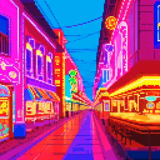 Neon-lit casino street, pachinkp parlour, vibrant sRGB colors illuminating the background landscape