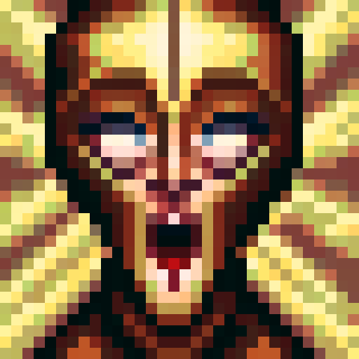 Wood grain, intricate carvings, vibrant colors, detailed texture, pixelated charm, sRGB vibrancy, skillful brushstrokes, close-up focus, portrait composition, game icon aesthetic