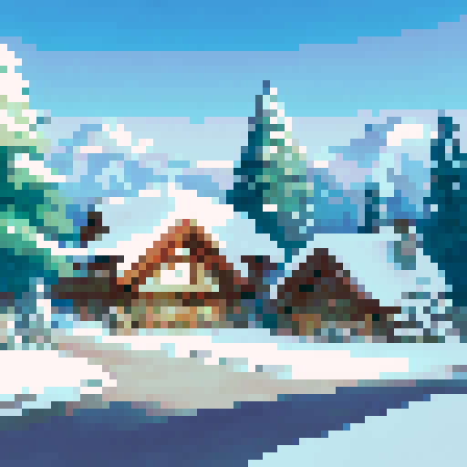 snowy mountain range ski town with a tiny lodge, igloo, campsite, cold, pixel art, sRGB, christmas themed